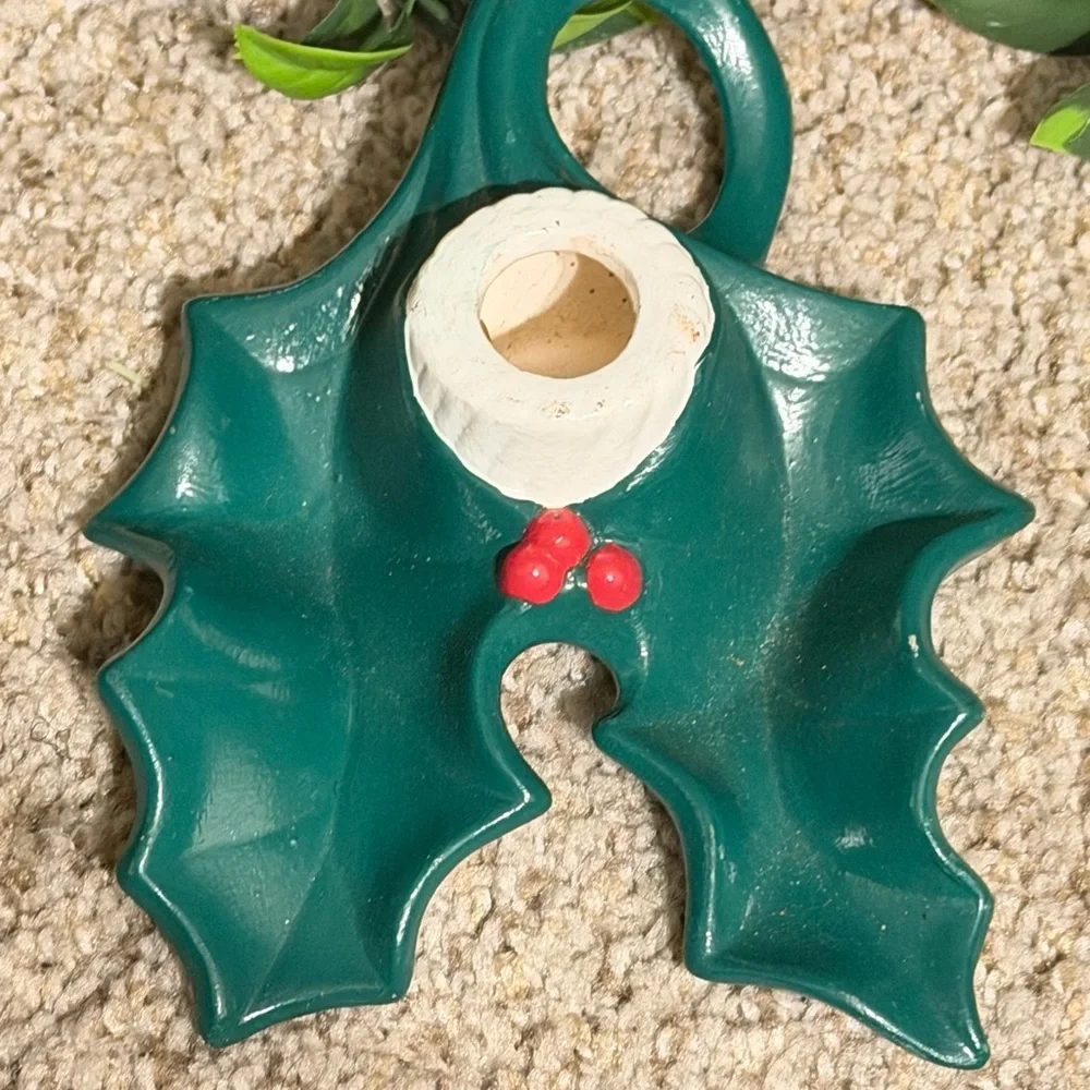Vintage Holland Mold  Green Holly Leaf Candle Holder